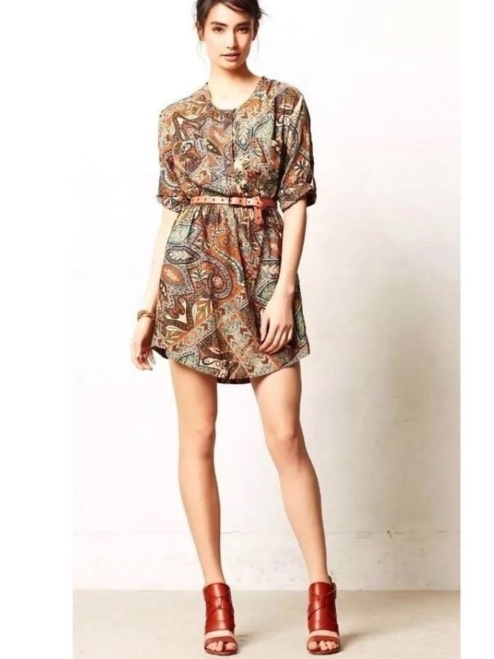 Anthro Holding Horses Paisley Shirt Dress Boho Mini Belted Size 0
